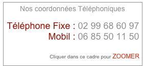 Nos coordonnées Téléphoniques

Téléphone Fixe : 02 99 68 60 97
Mobil : 06 85 50 11 50

Cliquer dans ce cadre pour ZOOMER